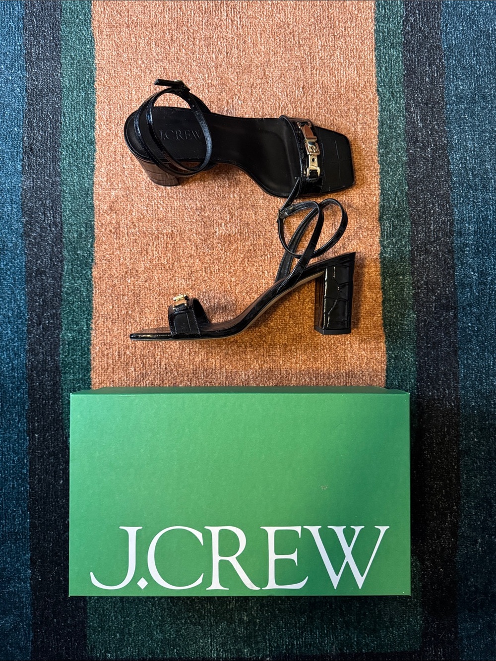 J. Crew Black Croc-Embossed Strappy Block Heel Sandals